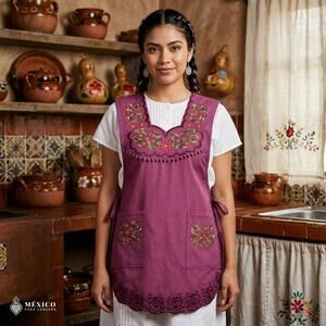 Burgundy Mexican Embroidered Smock Apron – Floral Traditional Design